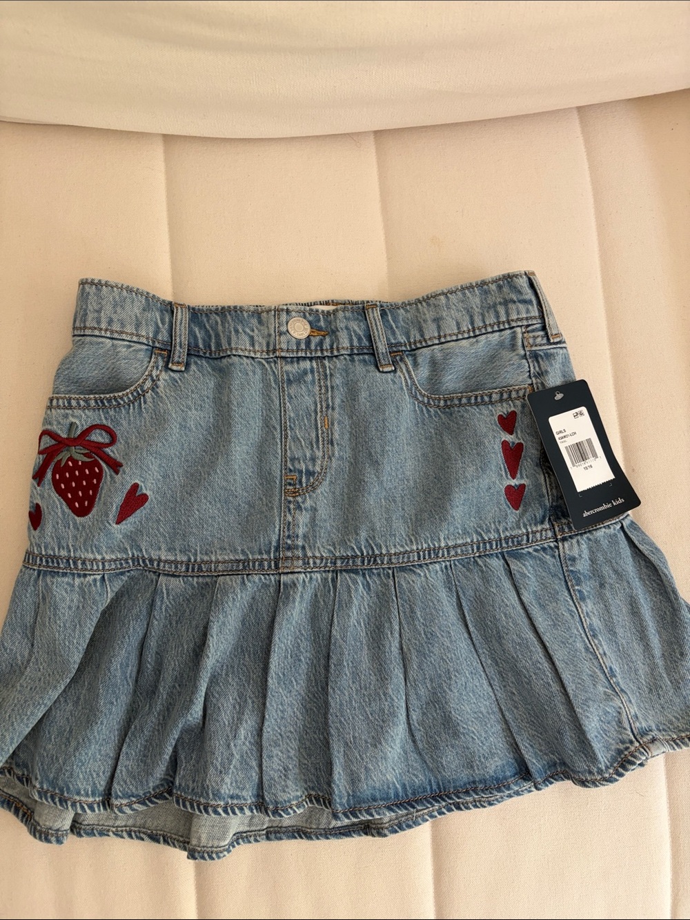 Denim Mini Skirt with Red Strawberry Embroidery